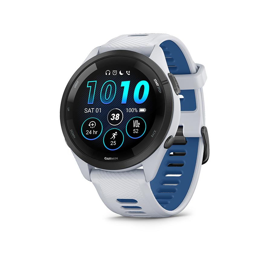 Garmin Forerunner 265 GPS Smartwatch - 46mm BLK Bezel Whitestone Case Whitestone/Tidal Blue Silicone Band - Garmin Fitness Computers