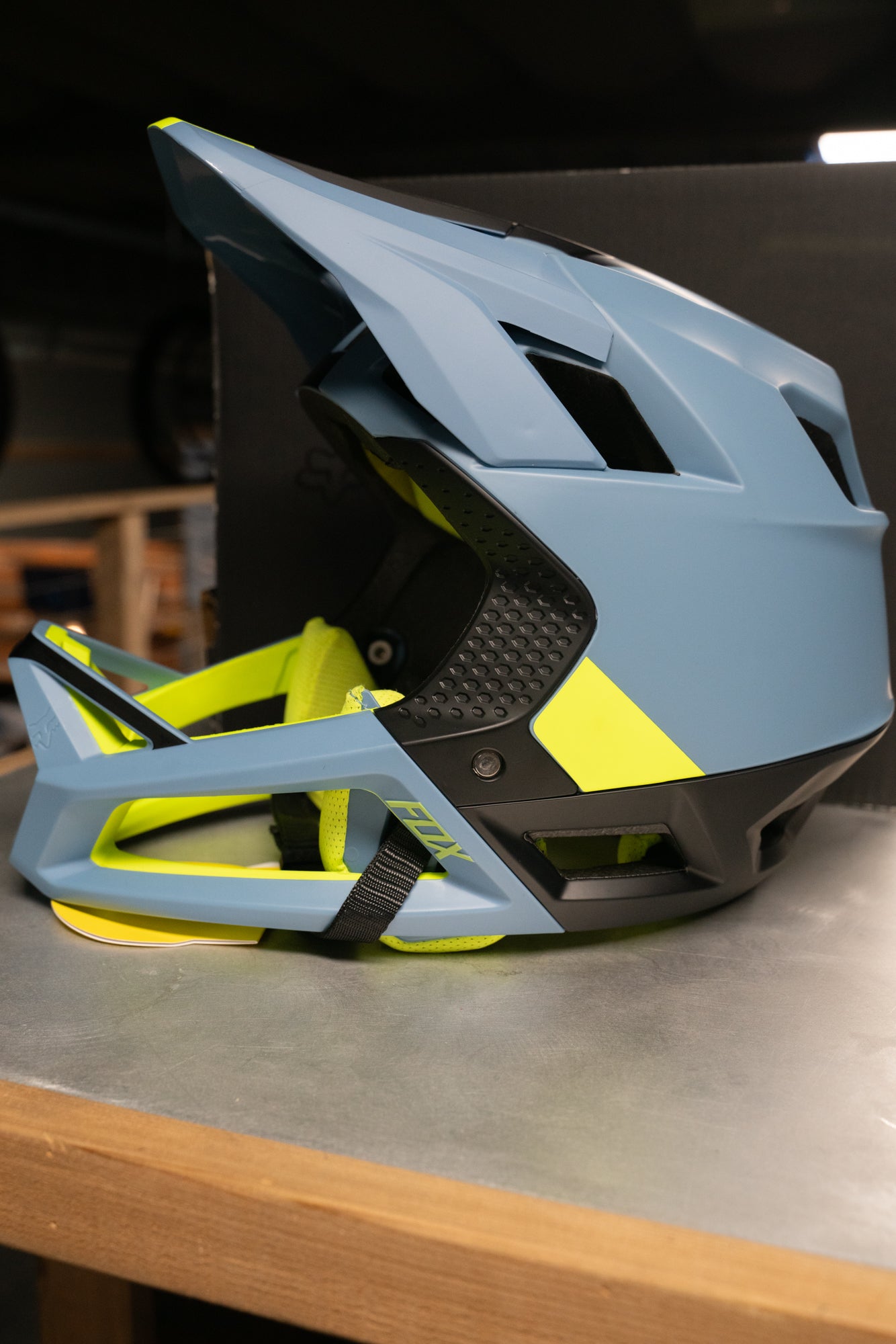 Fox Proframe Helmet Blocked (Dusty Blue, L) - OpenBox - Fox Bike Helmets