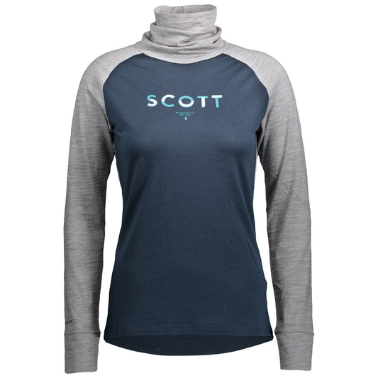 Scott Women's Defined Merino High Neck Shirt Light Grey Melange Dark Blue Base Layer Tops